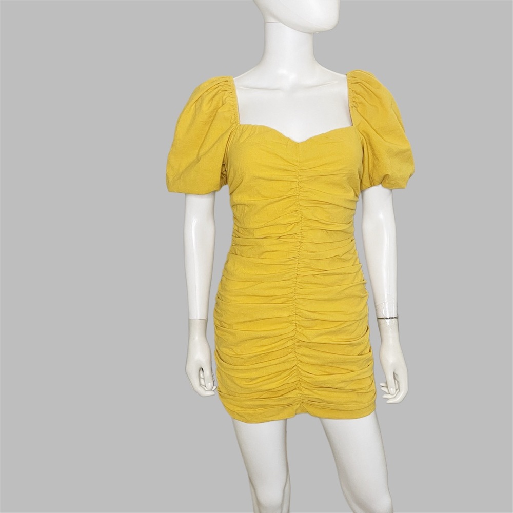 Forever 21 Yellow Puff Sleeve Ruched Mini Dress